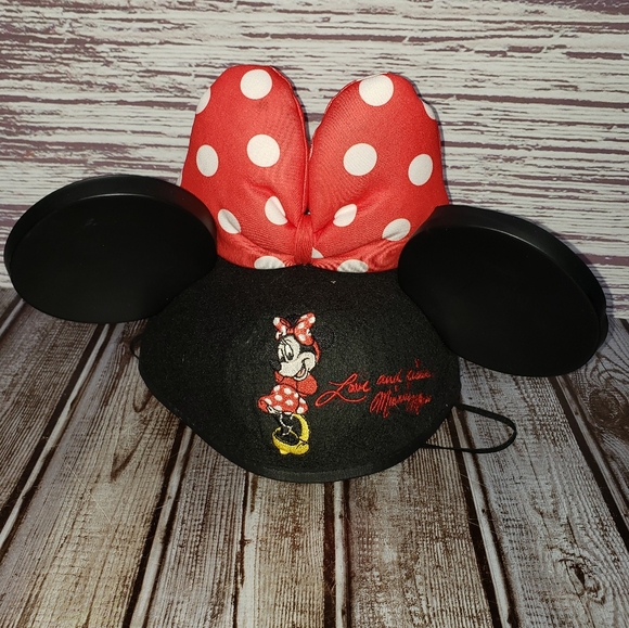 Walt Disney World Minnie Mouse Ears Black Felt Hat Youth Love & Kisses Red Bow - Picture 4 of 4